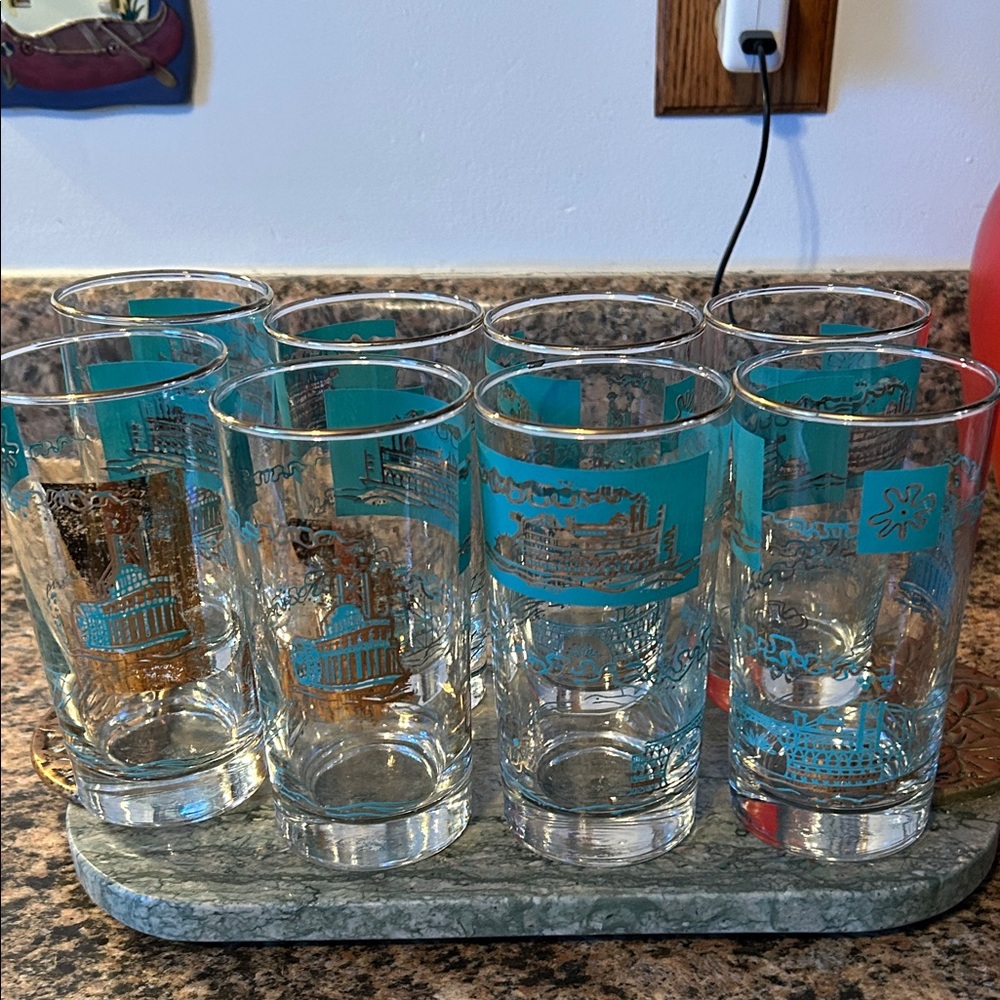 8 , Vintage Glass Libby river boat, Tumbler Set with Teal and Gold Accents
